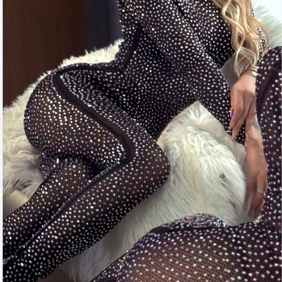 Banjul Pants - 1. Sheer Rhinestone Elegant Black and White Jumpsuit Size Unknown.